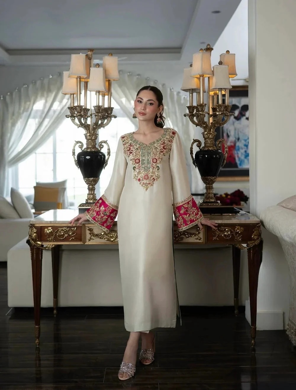 ALEEAN KHAN - KINZA clothing in ivory, pink, red, blue, green tones.